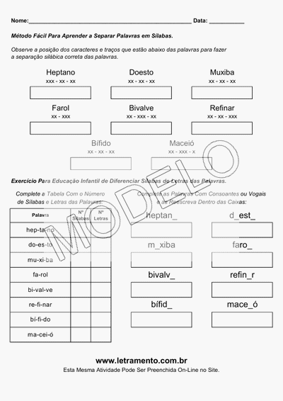 Atividade Para Imprimir Separar Sílabas Palavras Heptano, Doesto, Muxiba, Farol, Bivalve, Refinar, Bífido, Maceió