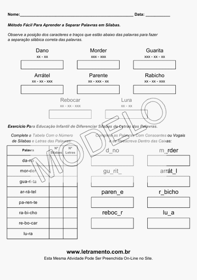 Atividade Para Imprimir Separar Sílabas Palavras Dano, Morder, Guarita, Arrátel, Parente, Rabicho, Rebocar, Lura