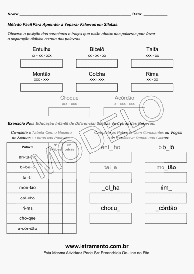 Atividade Para Imprimir Separar Sílabas Palavras Entulho, Bibelô, Taifa, Montão, Colcha, Rima, Choque, Acórdão