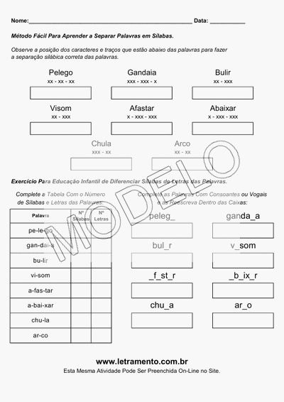 Atividade Para Imprimir Separar Sílabas Palavras Pelego, Gandaia, Bulir, Visom, Afastar, Abaixar, Chula, Arco