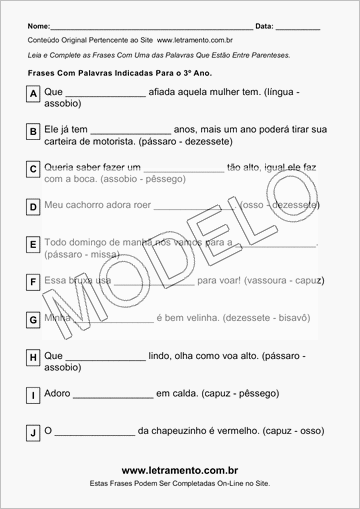 Atividade Para Imprimir Com Frases de Palavras Indicadas Para o 3º Ano