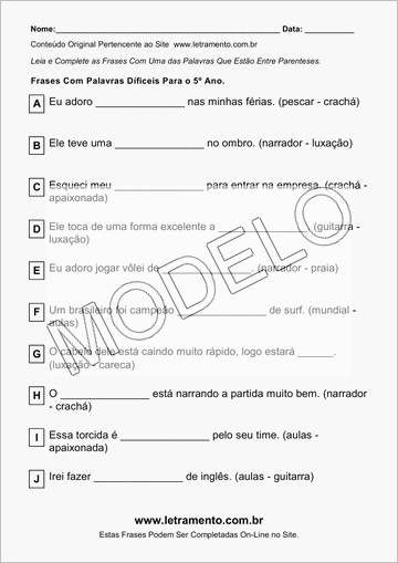 Atividade Para Imprimir Com Frases de Palavras Díficeis Para o 5º Ano