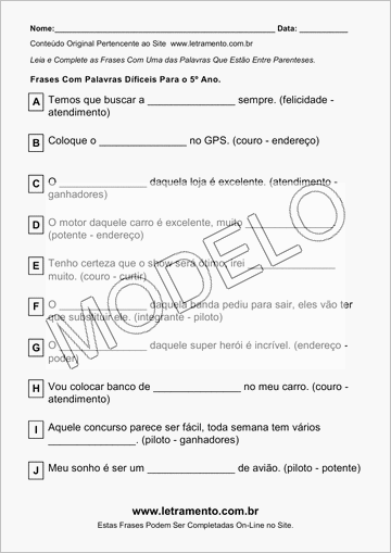 Atividade Para Imprimir Com Frases de Palavras Díficeis Para o 5º Ano