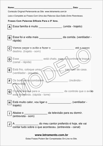 Atividade Para Imprimir Com Frases de Palavras Díficeis Para o 5º Ano