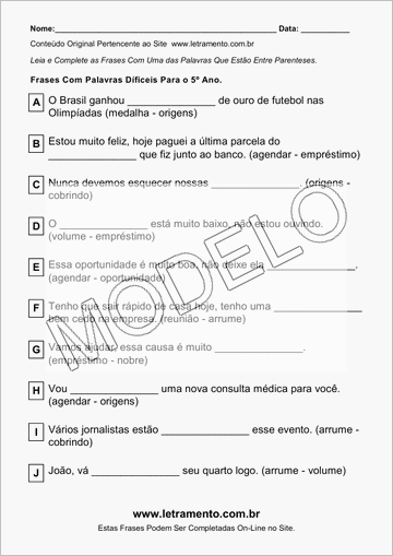 Atividade Para Imprimir Com Frases de Palavras Díficeis Para o 5º Ano